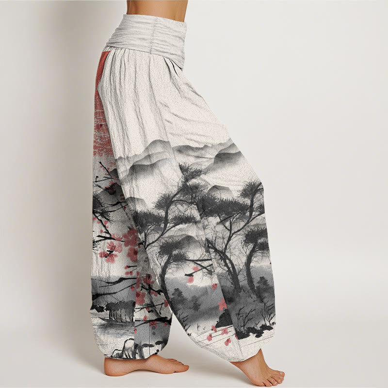 Pure Cotton Casual Red Plum Blossom Mountains Sun Pattern Women's Elastic Waist Harem Pants