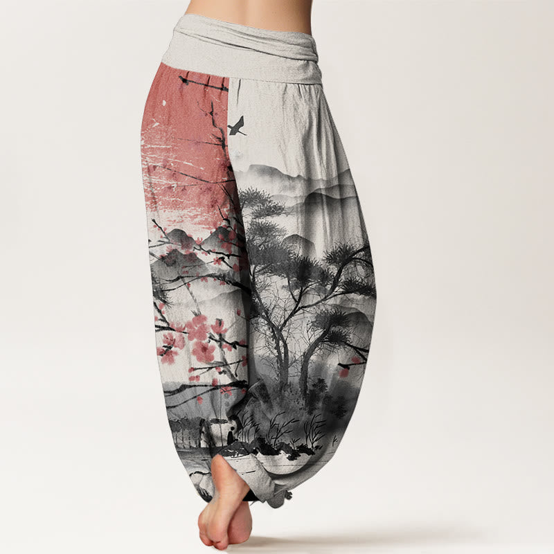 Pure Cotton Casual Red Plum Blossom Mountains Sun Pattern Women's Elastic Waist Harem Pants