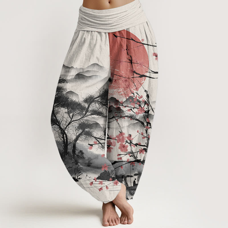 Pure Cotton Casual Red Plum Blossom Mountains Sun Pattern Women's Elastic Waist Harem Pants