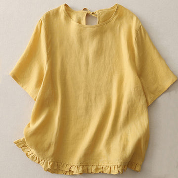 Breathable Polyester Crew Neck Ruffled Hem Meditation T-Shirt