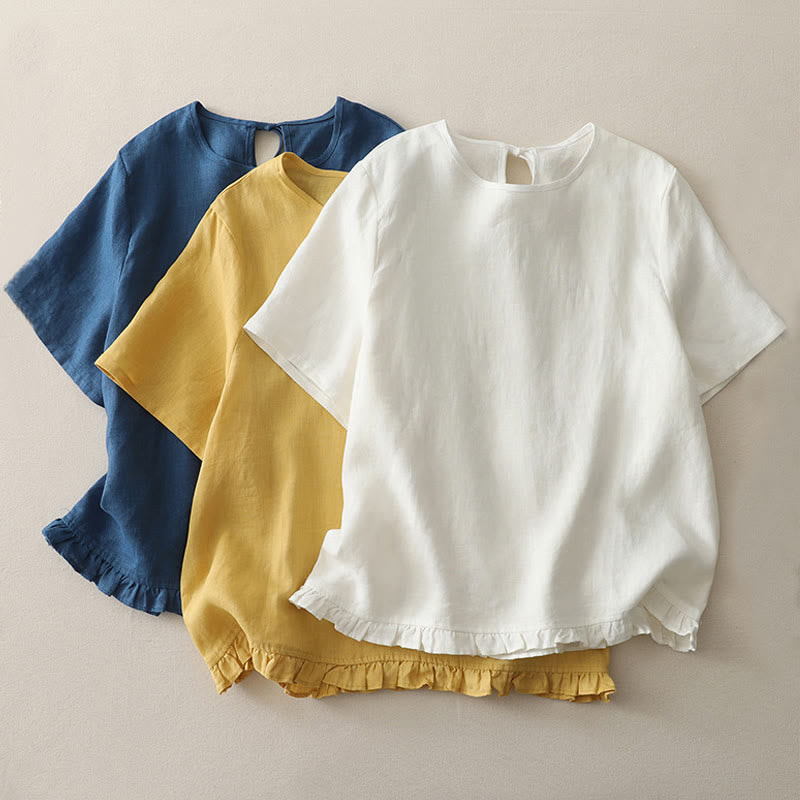 Breathable Polyester Crew Neck Ruffled Hem Meditation T-Shirt