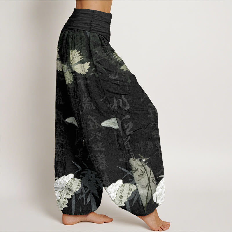 Pure Cotton Butterfly Bamboo Leaves Chinese Characters Pattern Women's Elastic Waist Harem Pants
