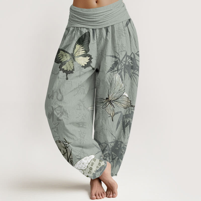 Pure Cotton Butterfly Bamboo Leaves Chinese Characters Pattern Women's Elastic Waist Harem Pants