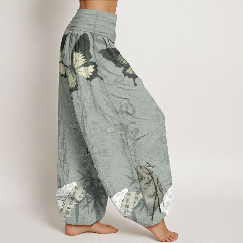 Pure Cotton Butterfly Bamboo Leaves Chinese Characters Pattern Women's Elastic Waist Harem Pants