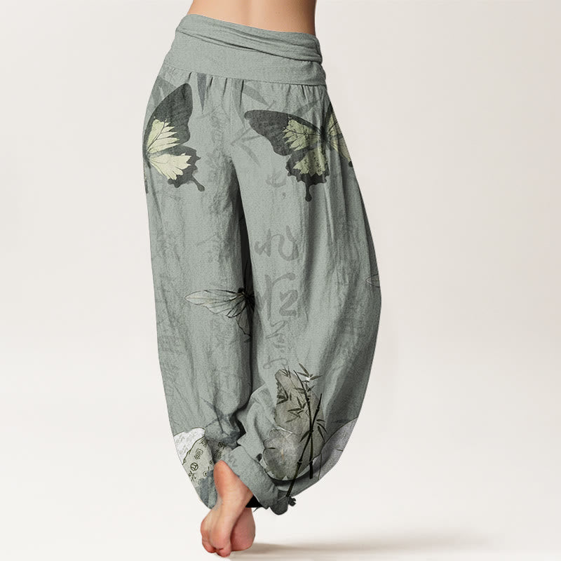 Pure Cotton Butterfly Bamboo Leaves Chinese Characters Pattern Women's Elastic Waist Harem Pants