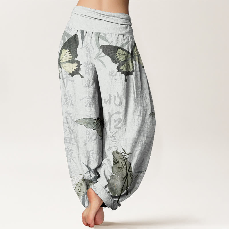 Pure Cotton Butterfly Bamboo Leaves Chinese Characters Pattern Women's Elastic Waist Harem Pants