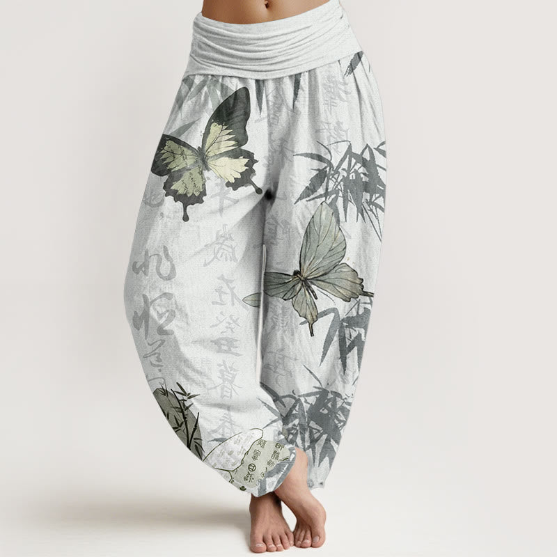 Pure Cotton Butterfly Bamboo Leaves Chinese Characters Pattern Women's Elastic Waist Harem Pants