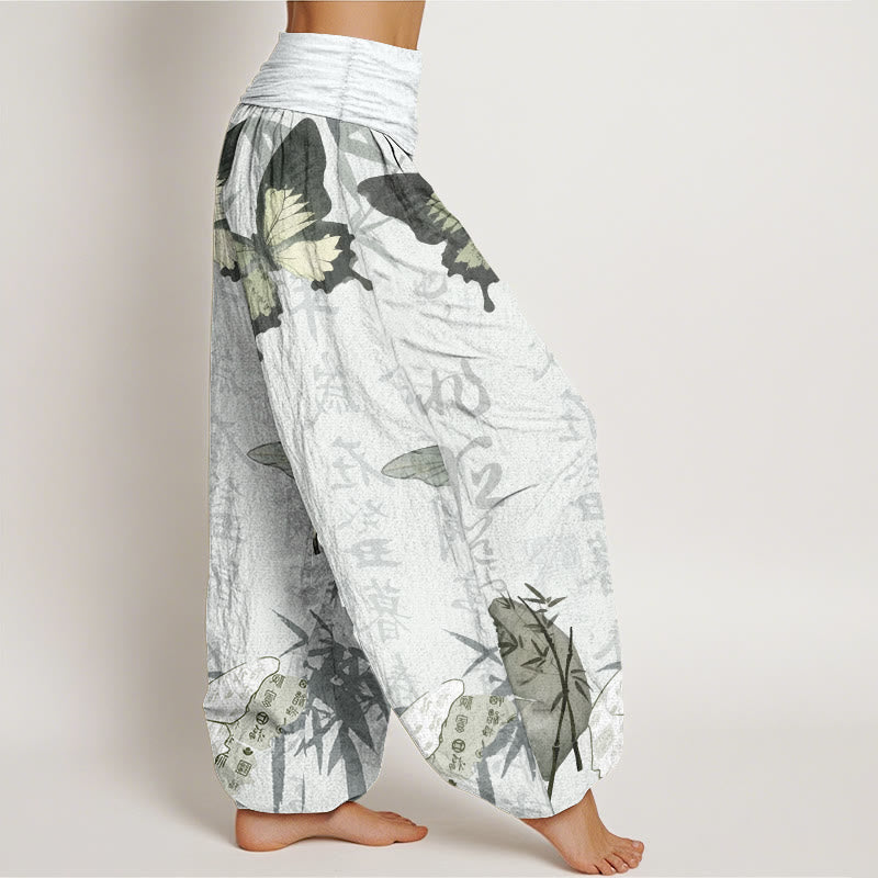 Pure Cotton Butterfly Bamboo Leaves Chinese Characters Pattern Women's Elastic Waist Harem Pants