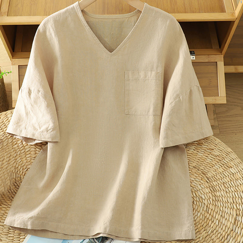 Tactile Cotton Linen V-Neck Mindful Movement T-Shirt