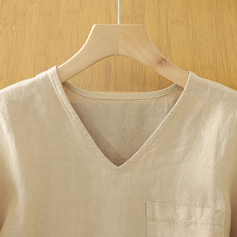 Tactile Cotton Linen V-Neck Mindful Movement T-Shirt
