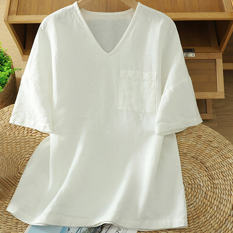 Tactile Cotton Linen V-Neck Mindful Movement T-Shirt