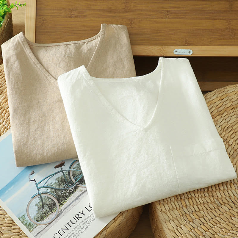 Tactile Cotton Linen V-Neck Mindful Movement T-Shirt