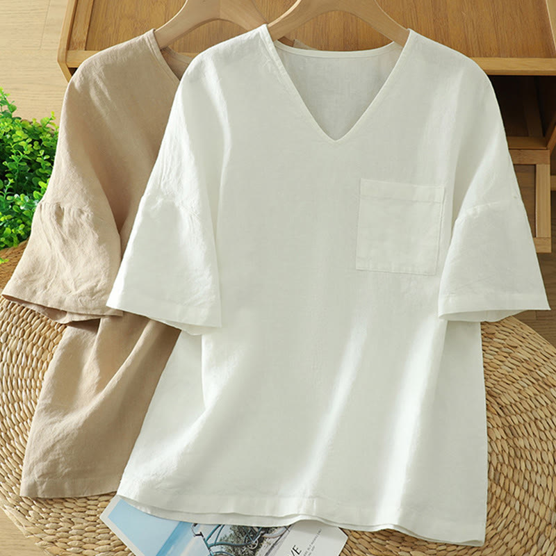 Tactile Cotton Linen V-Neck Mindful Movement T-Shirt