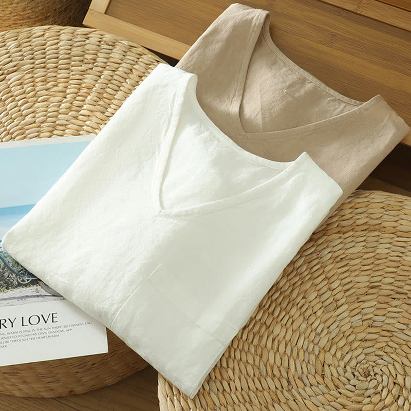 Tactile Cotton Linen V-Neck Mindful Movement T-Shirt