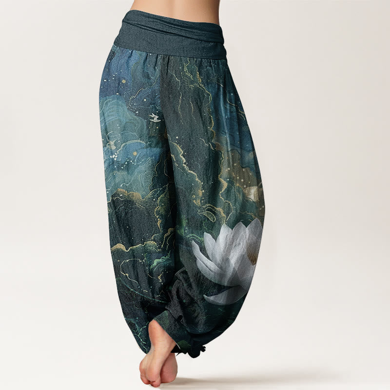 Pure Cotton Casual Lotus Starry Sky Clouds Pattern Women's Elastic Waist Harem Pants