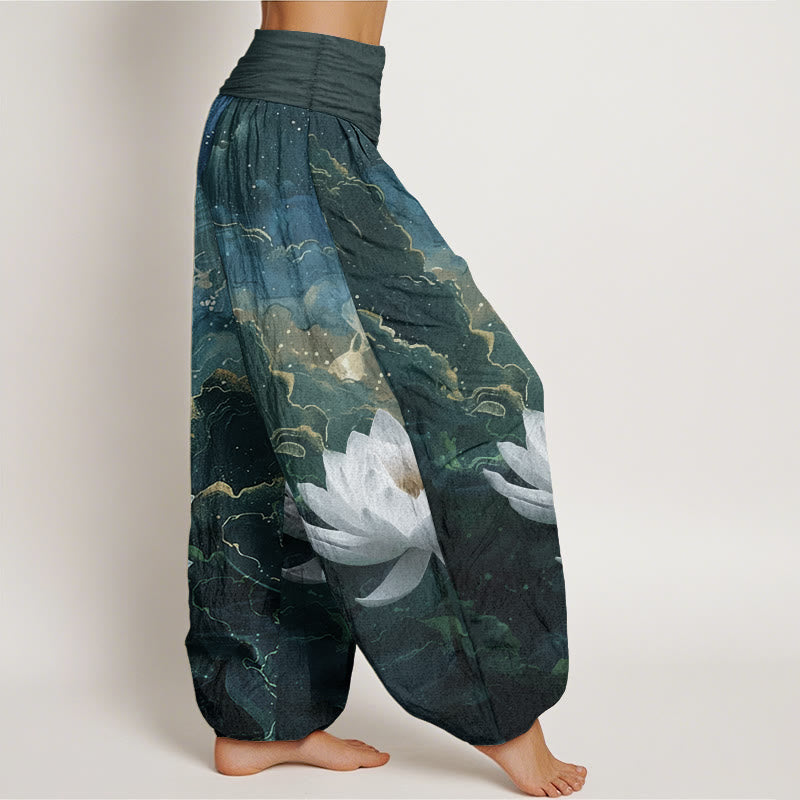 Pure Cotton Casual Lotus Starry Sky Clouds Pattern Women's Elastic Waist Harem Pants