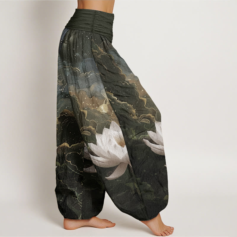 Pure Cotton Casual Lotus Starry Sky Clouds Pattern Women's Elastic Waist Harem Pants
