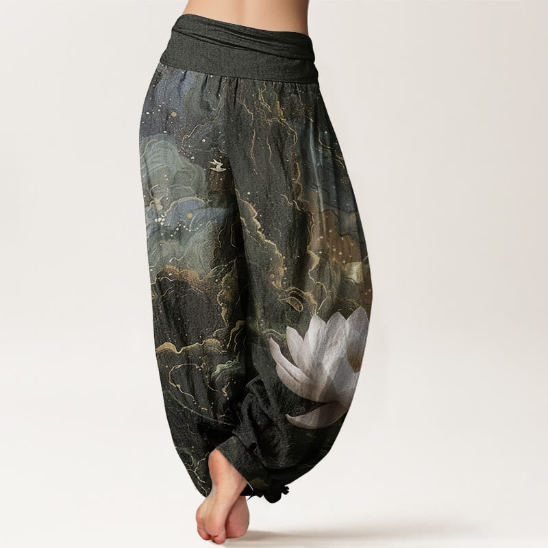 Pure Cotton Casual Lotus Starry Sky Clouds Pattern Women's Elastic Waist Harem Pants