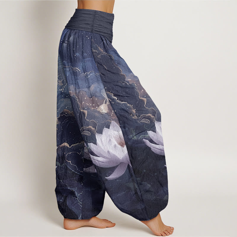 Pure Cotton Casual Lotus Starry Sky Clouds Pattern Women's Elastic Waist Harem Pants