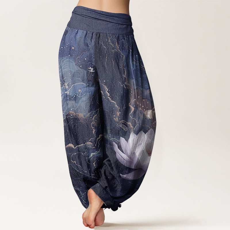Pure Cotton Casual Lotus Starry Sky Clouds Pattern Women's Elastic Waist Harem Pants