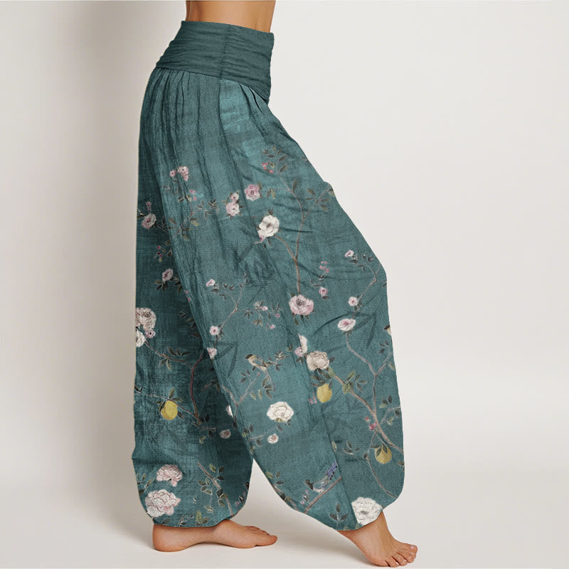 Pure Cotton Pink White Flowers Bamboo Leaves Fruits Design Women's Elastic Waist Harem Pants