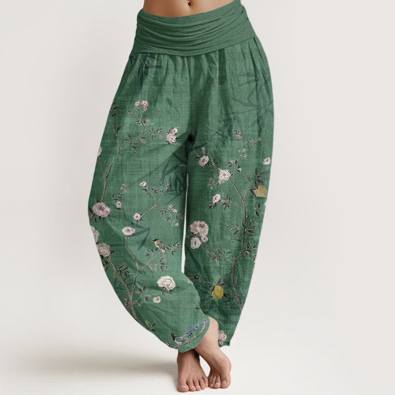 Pure Cotton Pink White Flowers Bamboo Leaves Fruits Design Women's Elastic Waist Harem Pants