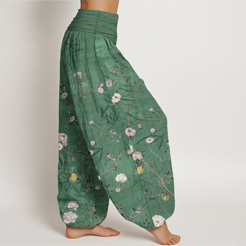 Pure Cotton Pink White Flowers Bamboo Leaves Fruits Design Women's Elastic Waist Harem Pants