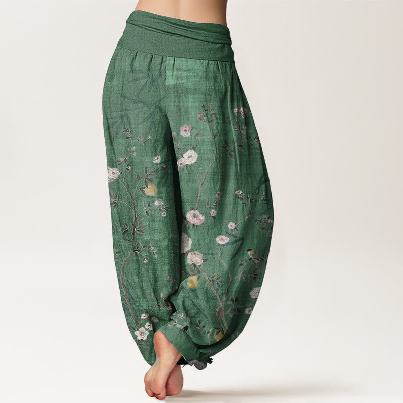 Pure Cotton Pink White Flowers Bamboo Leaves Fruits Design Women's Elastic Waist Harem Pants