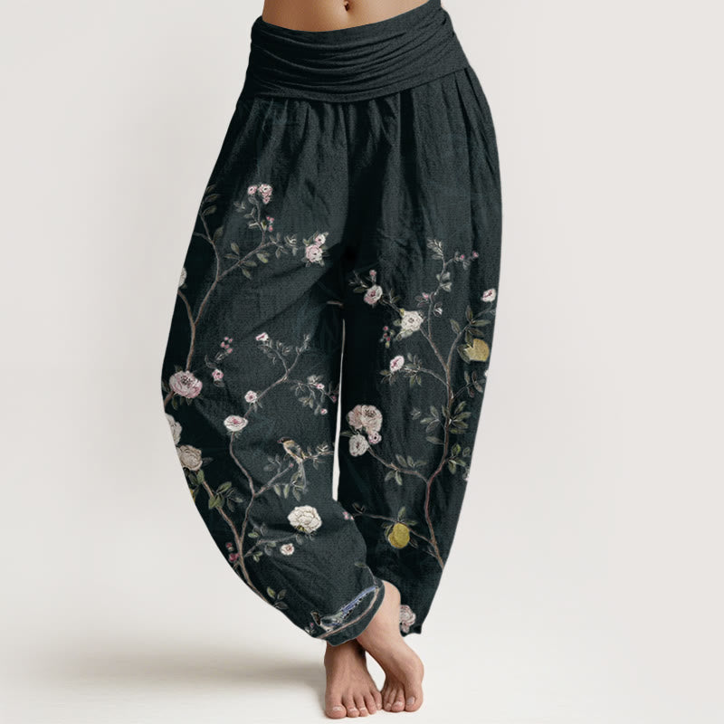 Pure Cotton Pink White Flowers Bamboo Leaves Fruits Design Women's Elastic Waist Harem Pants