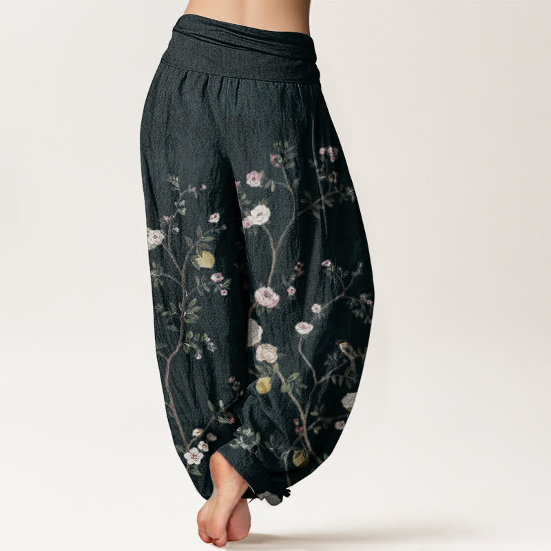 Pure Cotton Pink White Flowers Bamboo Leaves Fruits Design Women's Elastic Waist Harem Pants