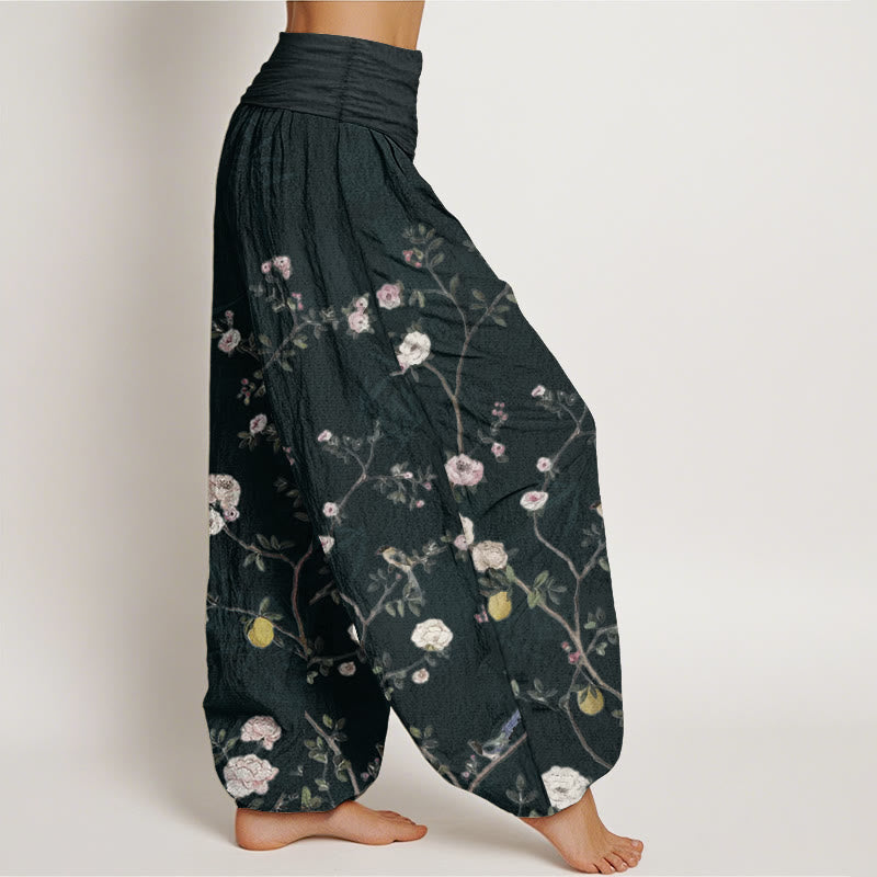 Pure Cotton Pink White Flowers Bamboo Leaves Fruits Design Women's Elastic Waist Harem Pants