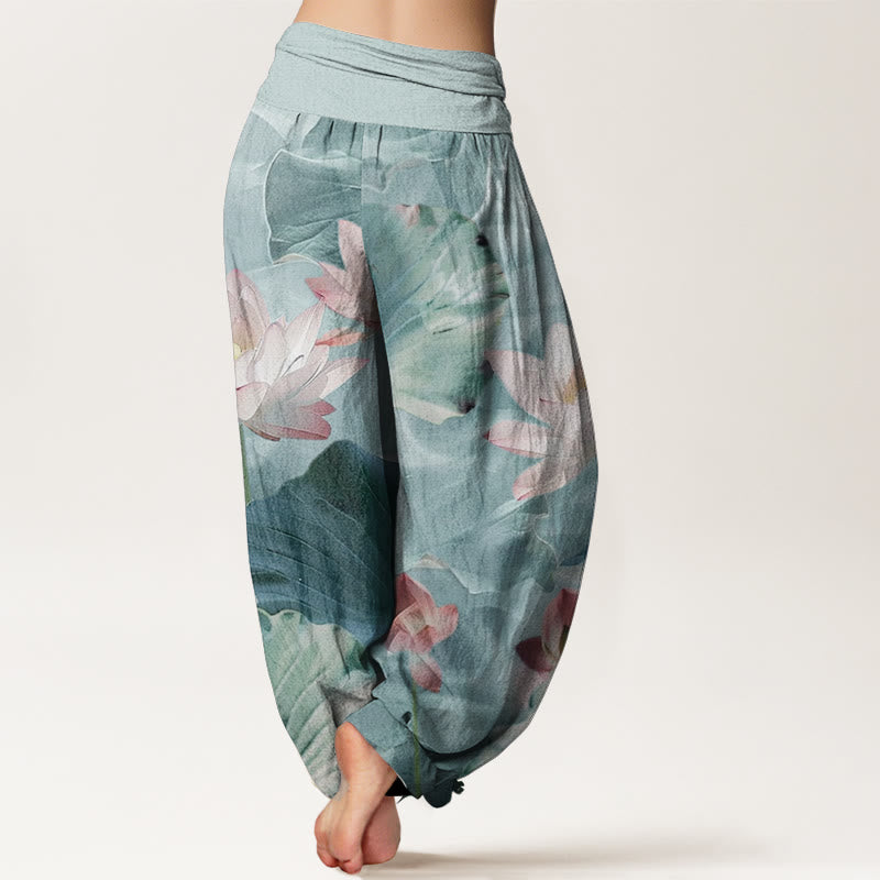 Pure Cotton Casual Lotus Petal Pond Pattern Women's Elastic Waist Harem Pants