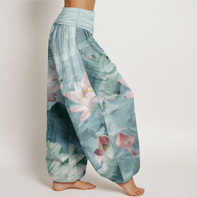 Pure Cotton Casual Lotus Petal Pond Pattern Women's Elastic Waist Harem Pants