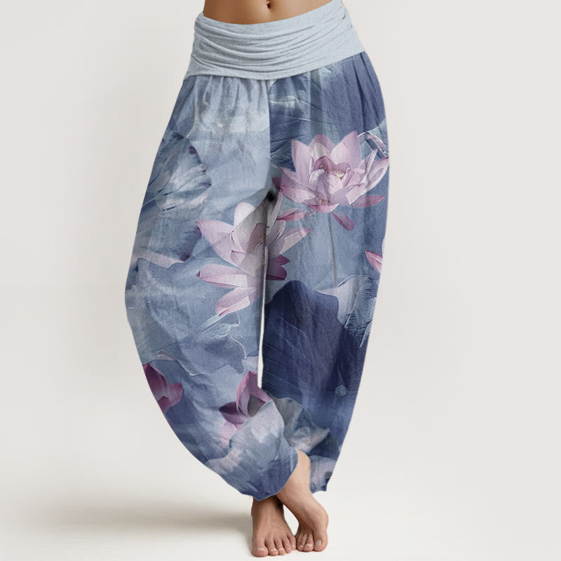 Pure Cotton Casual Lotus Petal Pond Pattern Women's Elastic Waist Harem Pants
