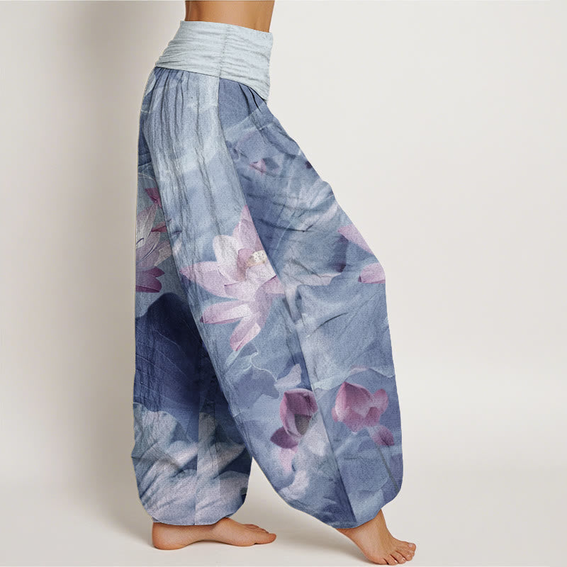 Pure Cotton Casual Lotus Petal Pond Pattern Women's Elastic Waist Harem Pants