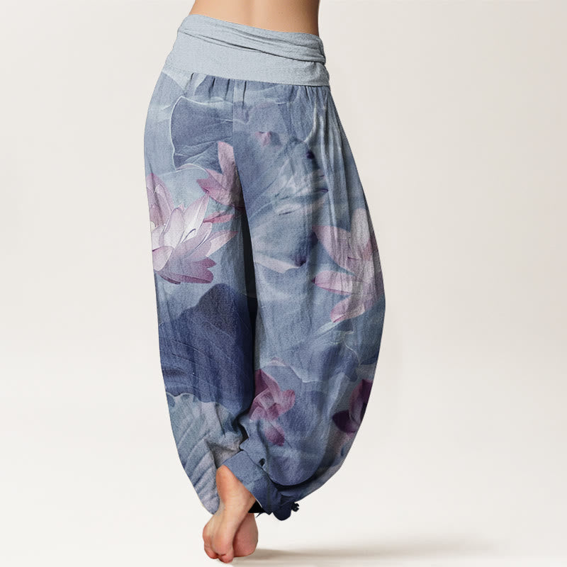 Pure Cotton Casual Lotus Petal Pond Pattern Women's Elastic Waist Harem Pants