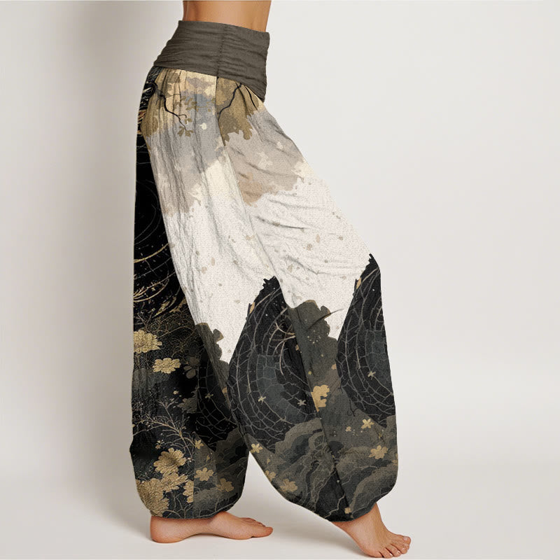 Pure Cotton Casual Dragon Ancient Tree Pattern Women's Elastic Waist Harem Pants