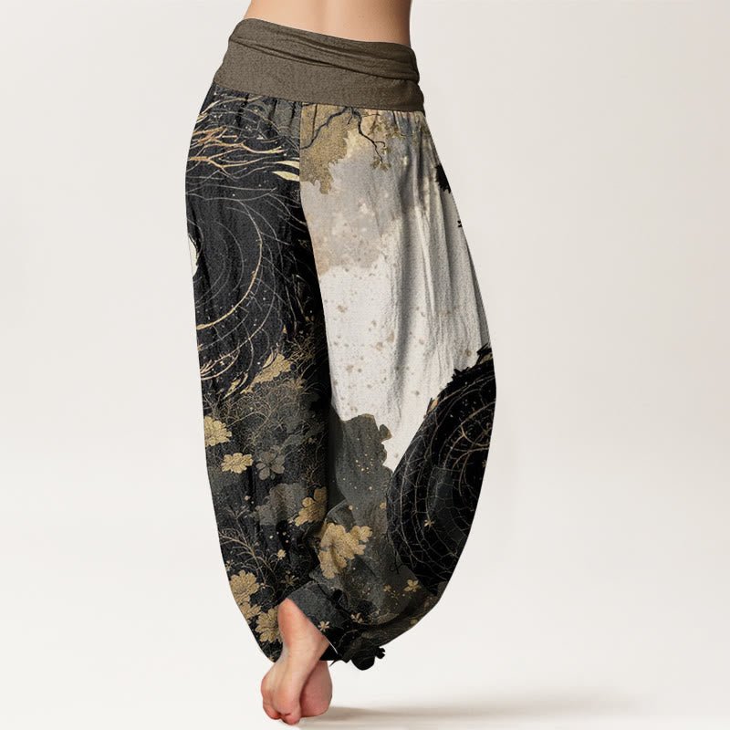 Pure Cotton Casual Dragon Ancient Tree Pattern Women's Elastic Waist Harem Pants