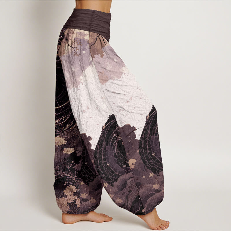 Pure Cotton Casual Dragon Ancient Tree Pattern Women's Elastic Waist Harem Pants