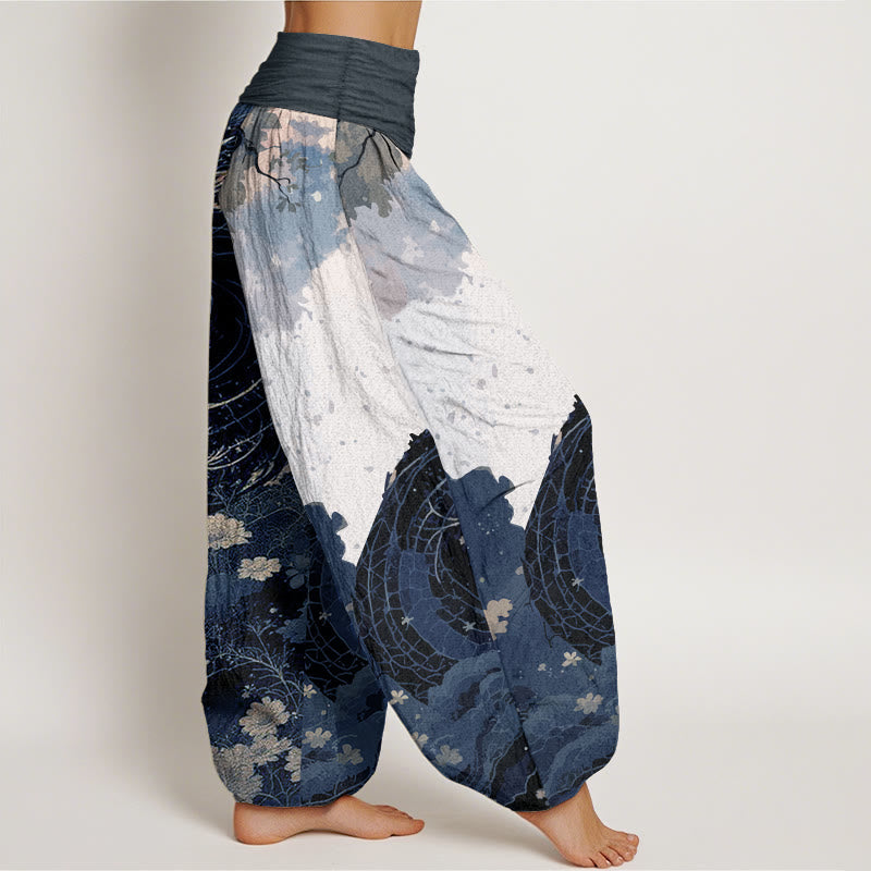 Pure Cotton Casual Dragon Ancient Tree Pattern Women's Elastic Waist Harem Pants