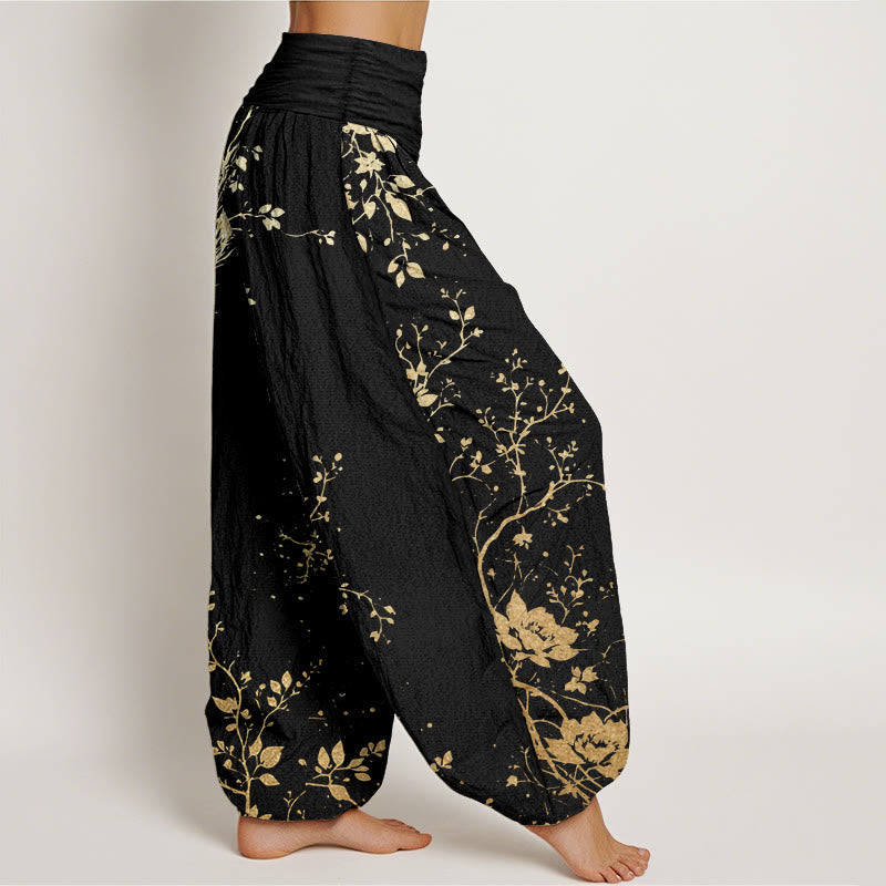 Pure Cotton Casual Dragon Flower Leaf Pattern Women's Elastic Waist Harem Pants