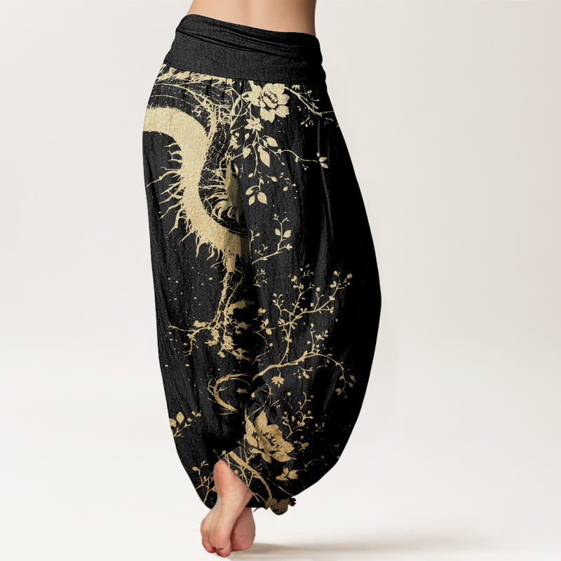 Pure Cotton Casual Dragon Flower Leaf Pattern Women's Elastic Waist Harem Pants