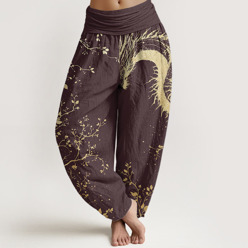 Pure Cotton Casual Dragon Flower Leaf Pattern Women's Elastic Waist Harem Pants