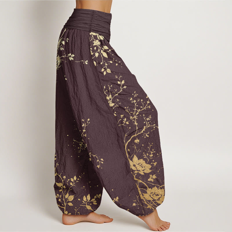 Pure Cotton Casual Dragon Flower Leaf Pattern Women's Elastic Waist Harem Pants