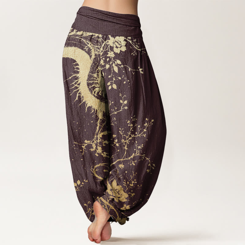 Pure Cotton Casual Dragon Flower Leaf Pattern Women's Elastic Waist Harem Pants