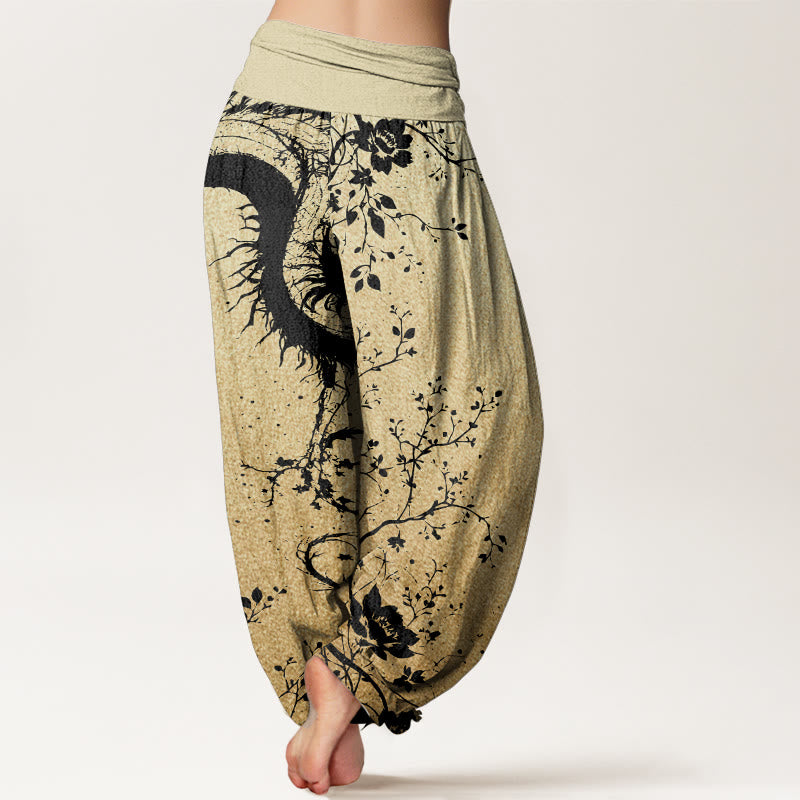 Pure Cotton Casual Dragon Flower Leaf Pattern Women's Elastic Waist Harem Pants