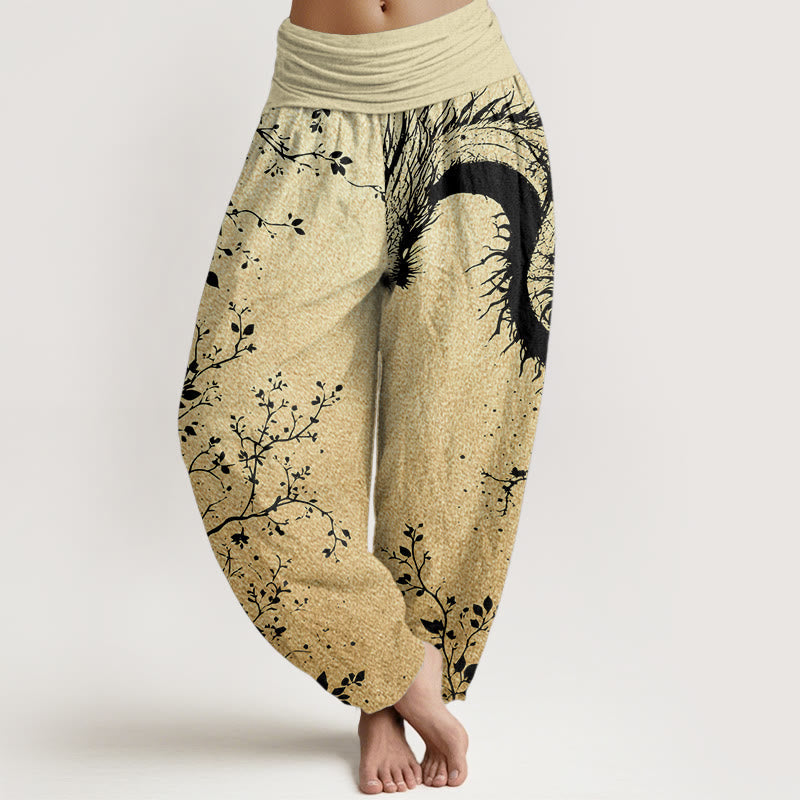 Pure Cotton Casual Dragon Flower Leaf Pattern Women's Elastic Waist Harem Pants