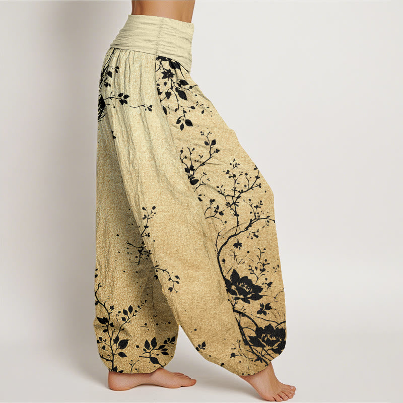 Pure Cotton Casual Dragon Flower Leaf Pattern Women's Elastic Waist Harem Pants