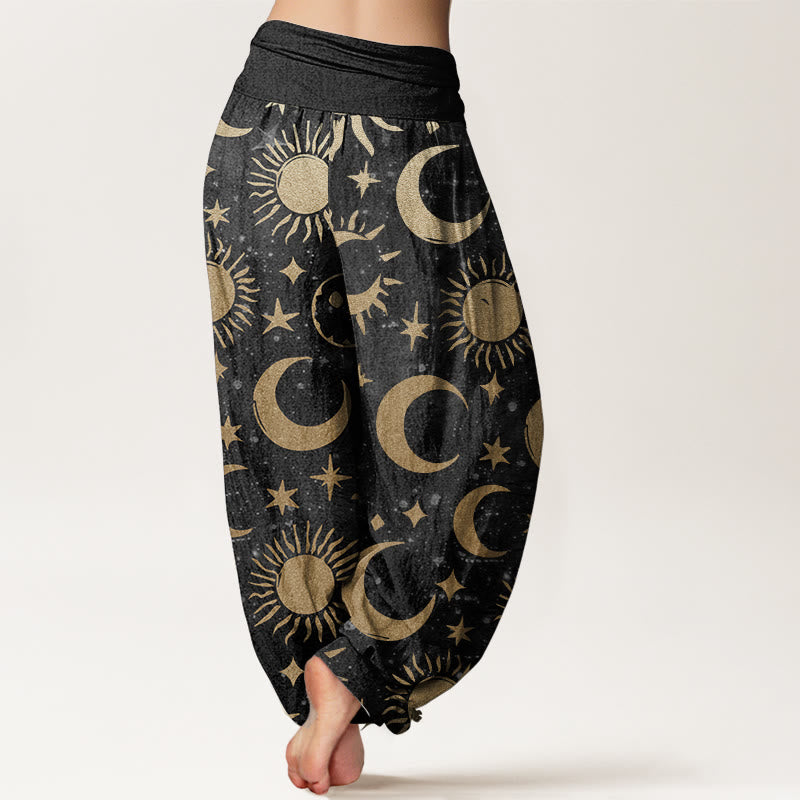 Pure Cotton Crescent Moon Sun Stars Pattern Design Women's Elastic Waist Harem Pants