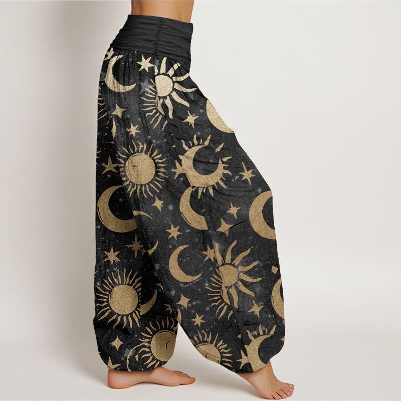 Pure Cotton Crescent Moon Sun Stars Pattern Design Women's Elastic Waist Harem Pants